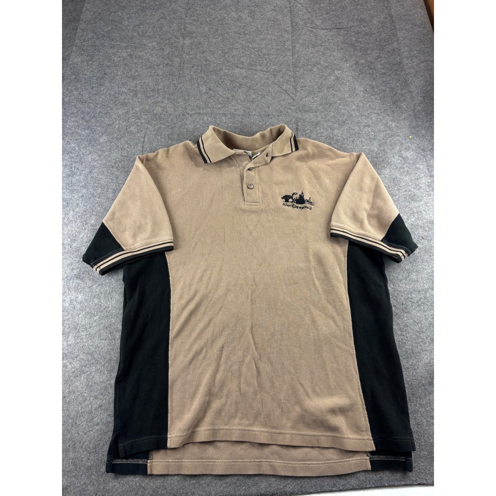 VTG Walt Disney World Polo Shirt Mens L Tan Black Streetwear Embroidered Retro